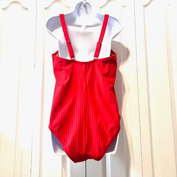 Shade & Shore Women's One Piece Red Ribbed Belted Front Swimsuit-X Large-Adjust - Picture 10 of 14